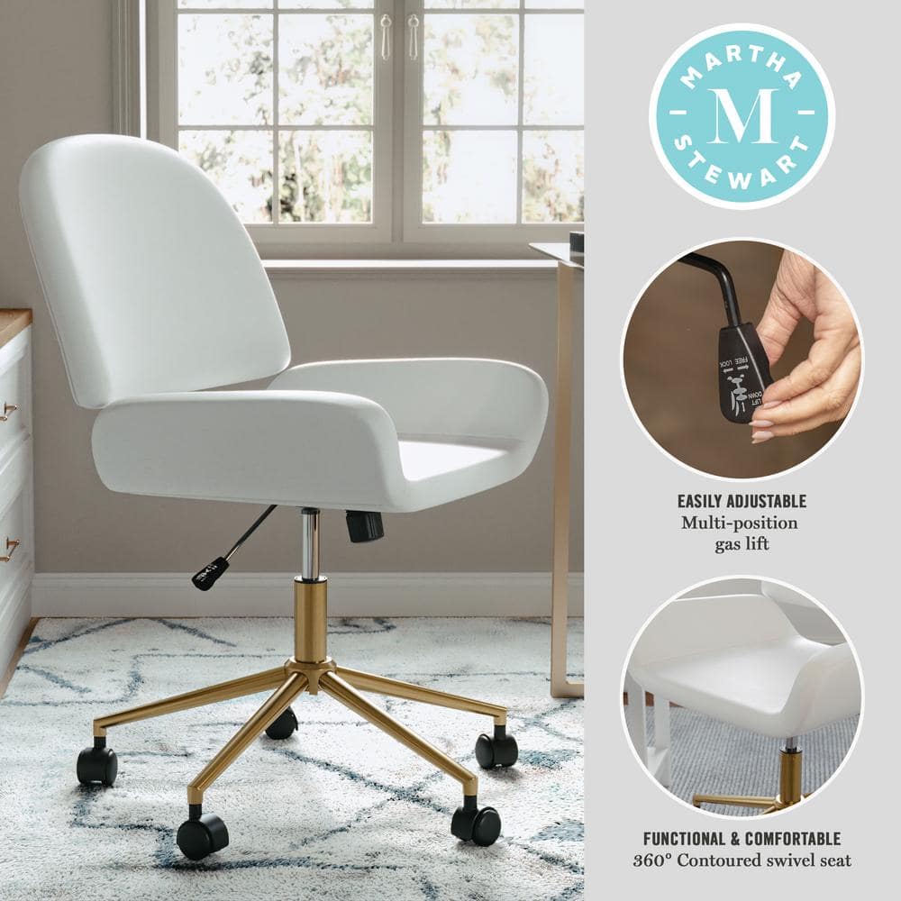 White Faux Leather Armless Swivel Office Chair with Brass Base
