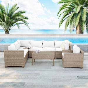 Maui 8-Piece Wicker Patio Conversation Set with Linen White Cushions