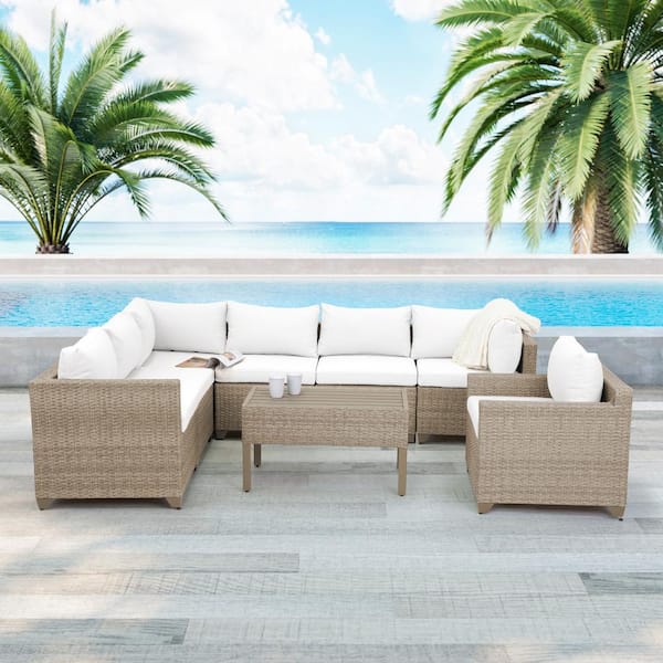TK CLASSICS Maui 8-Piece Wicker Patio Conversation Set with Linen White Cushions