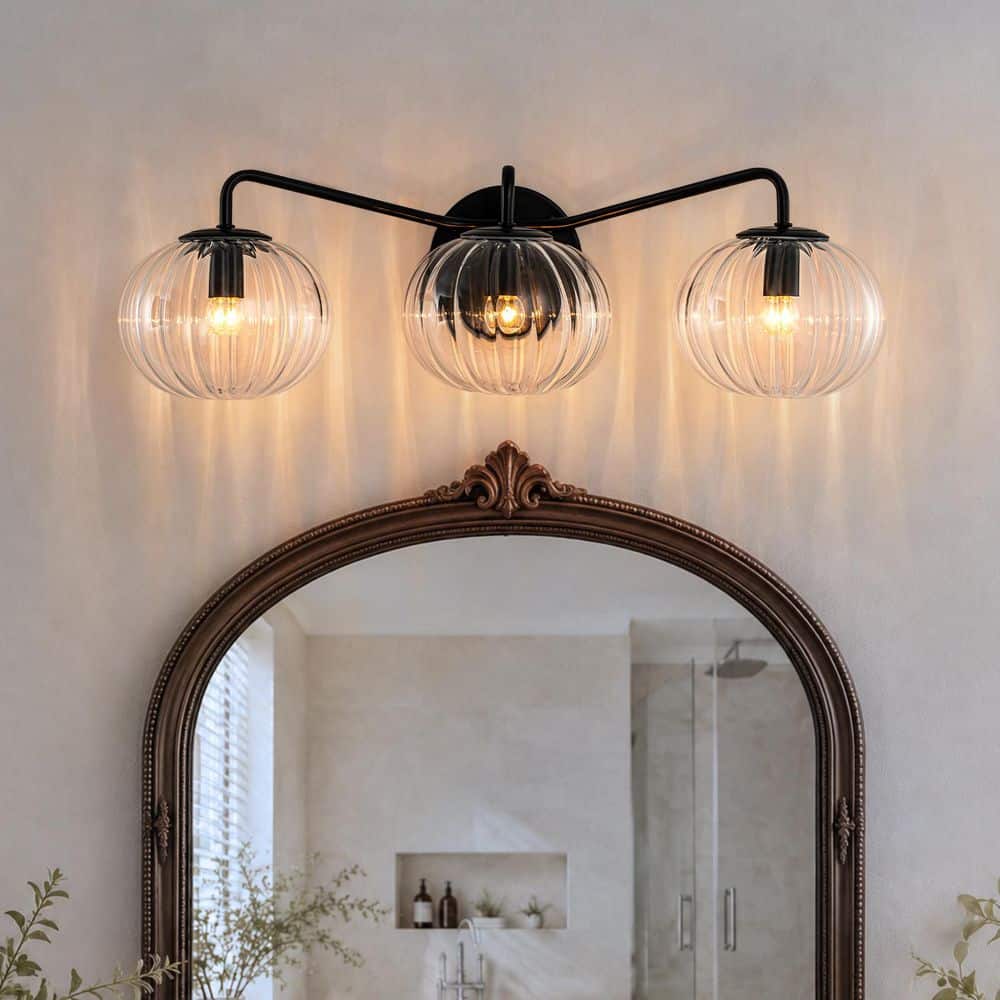 23.23 in. 3-Light Modern Matte Black Vanity Light with Ribbed Bubble Glass Shades for Bathroom Mirror Bedroom price history on PriceWatchPro