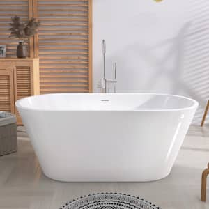 63 in. x 29.5 in. Oval Free Standing Soaking Bathtub Flat Bottom with Center Drain Freestanding Bathtub in Glossy White