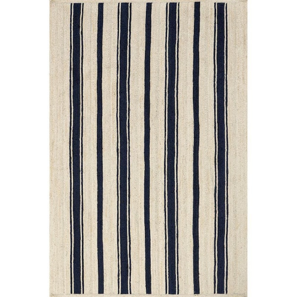 *DISCONTINUED* Calathea Striped Jute Navy 10 ft. x 14 ft. Indoor/Outdoor Patio Rug
