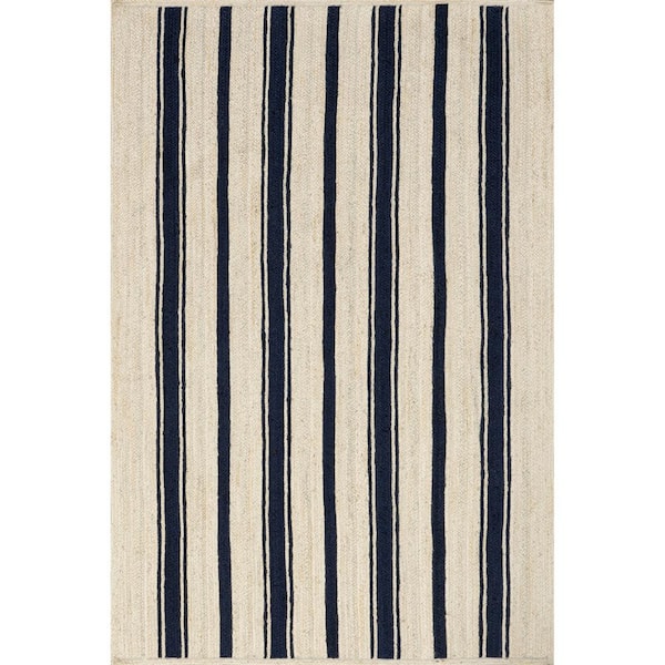 RUGS USA Lauren Liess Calathea Striped Jute Navy Doormat 3 ft. x 5 ft ...