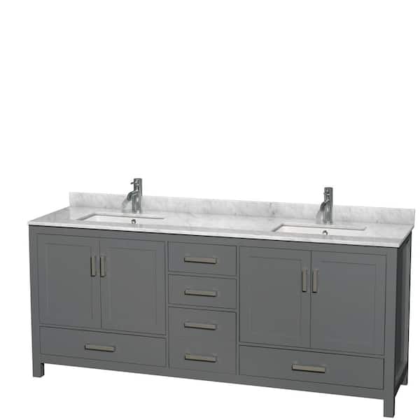 Wyndham Collection Sheffield 80 in. W x 22 in. D Vanity in Dark Gray with Marble Vanity Top in White Carrara with White Basins