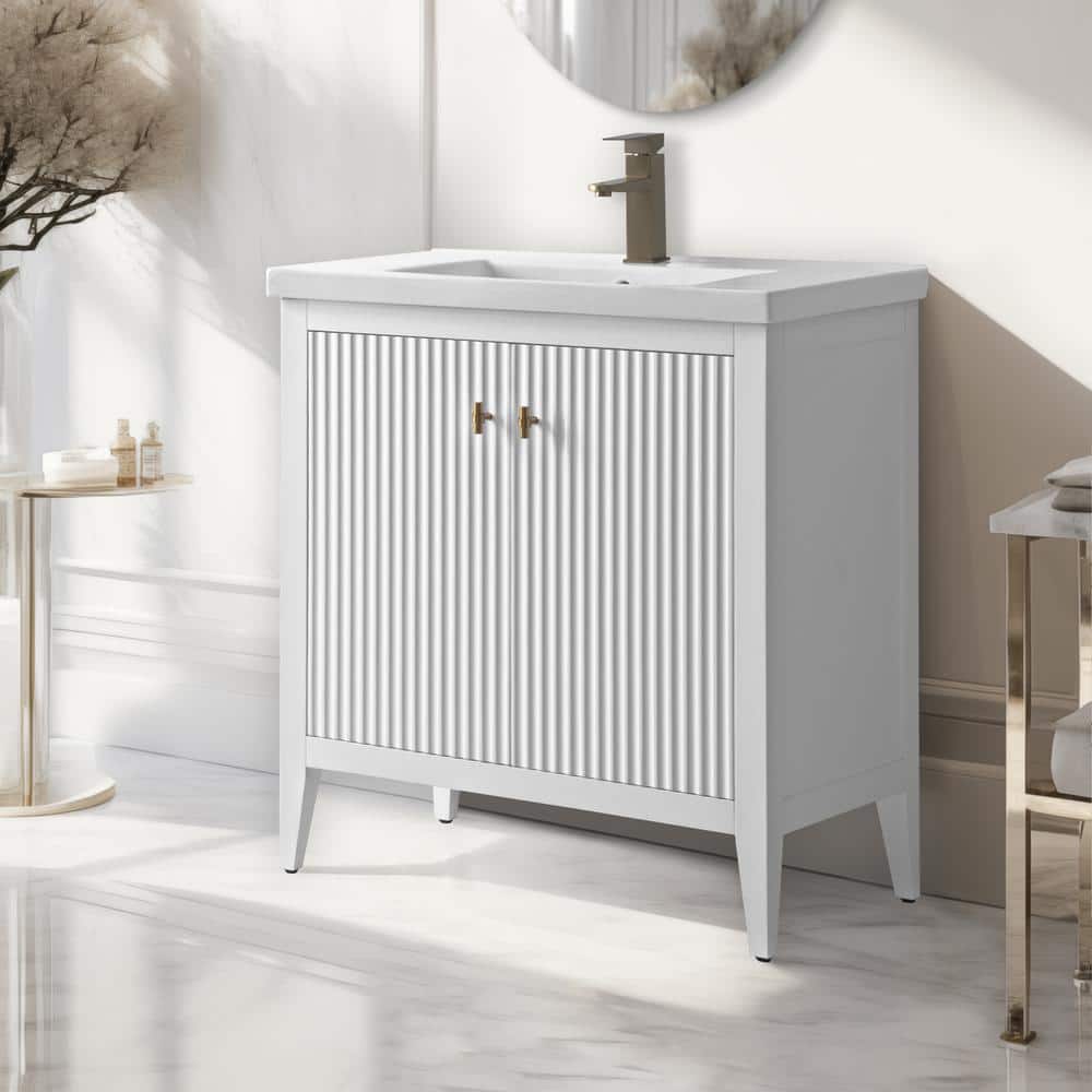 30" White Solid Wood Freestanding Bathroom Vanity with Ceramic Top