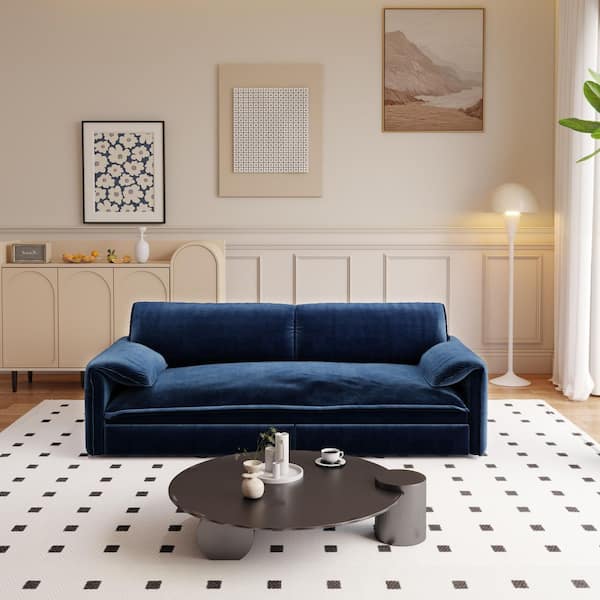 66 in. Pillow Top Arm Velvet Sofa in Blue with 66" Queen Pull Out Sofa Bed, Side Storage