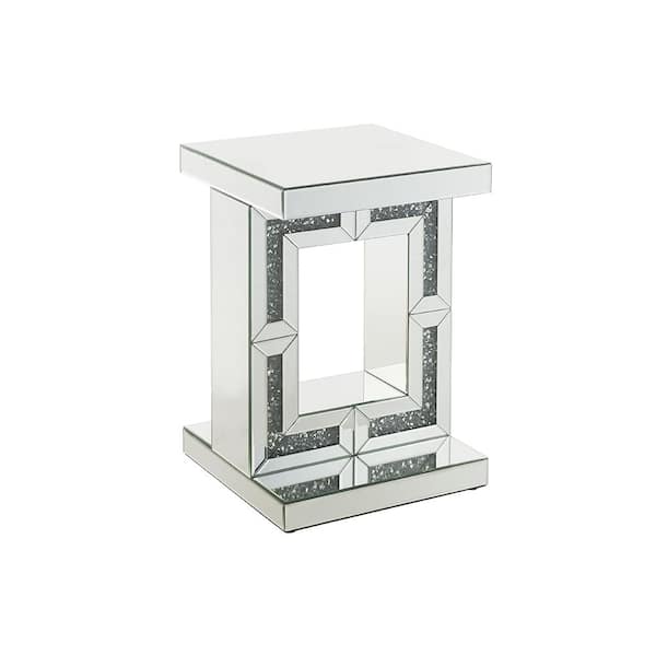 Acme Furniture Noralie 16 in. Mirrored and Faux Diamonds Square Glass End Table with Pedestal Base