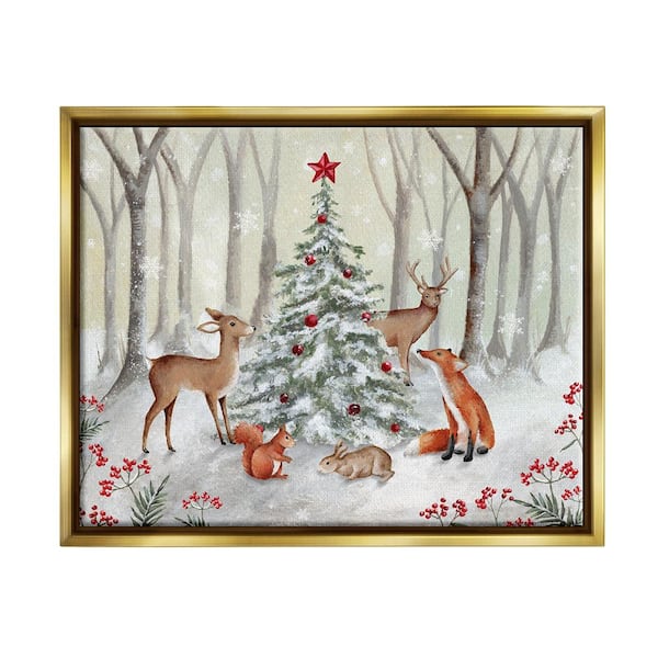 Stupell Industries Forest Animal & Christmas Tree by Emma Leach 1 Piece Floater Frame Graphic Print Animal Poster Art Print 21 in. x 17 in.
