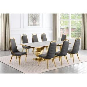 Ibraim 9-Piece Rectangle White Marble Top Gold Stainless Steel Dining Set with 8 Dark Grey Velvet Gold Chrome Iron Chair