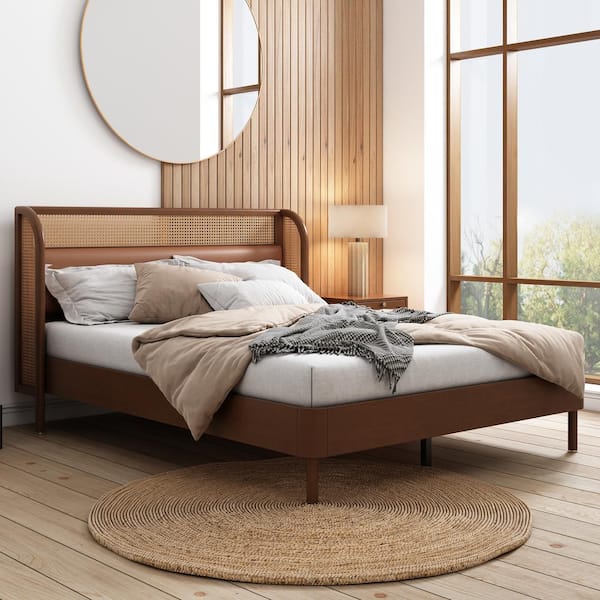 Harper & Bright Designs Walnut Brown Modern Cannage Wood Frame Queen Size Rattan Platform Bed