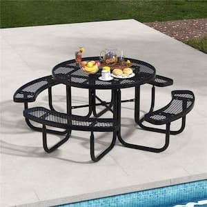 Black Metal Camping Table Outdoor Round Picnic Table and Bench Set for 8