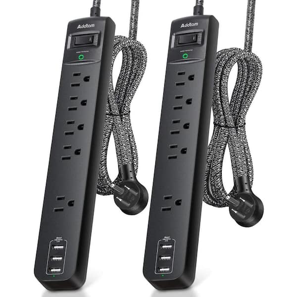 Lukyamzn 5-Outlet Widely Power Strip Surge Protector Overload with 3 USB Ports, 10 ft. Long Extension Cord in Black (2 Pack)