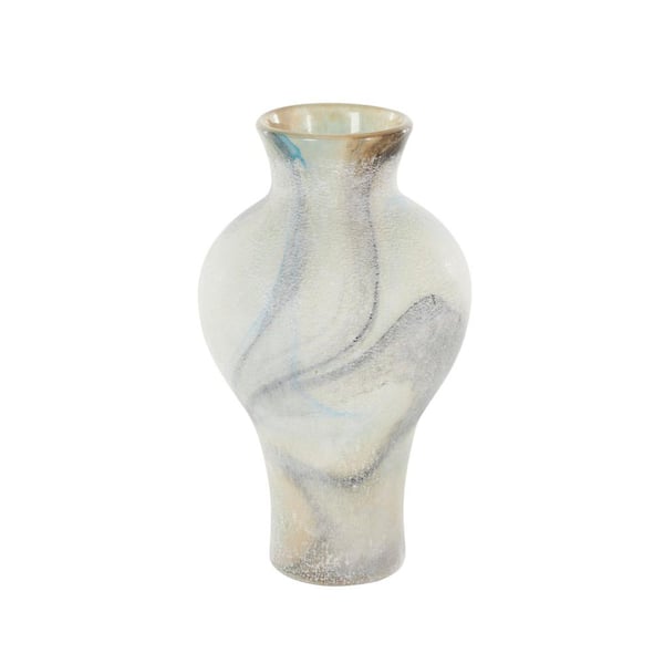 Litton Lane Cream Distressed Glass Decorative Vase with Blue and Tan Texturing