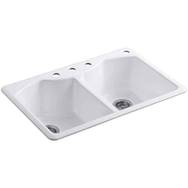 KOHLER Bellegrove Drop-In Cast-Iron 33 in. 4-Hole 50/50 Double Bowl Kitchen Sink in White