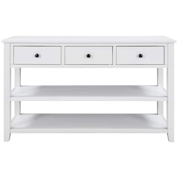 ANBAZAR Narrow Long Console Table with 2-Tier Open Shelves, Farmhouse Entryway Table 3-Drawer Sofa Table for Living Room, White