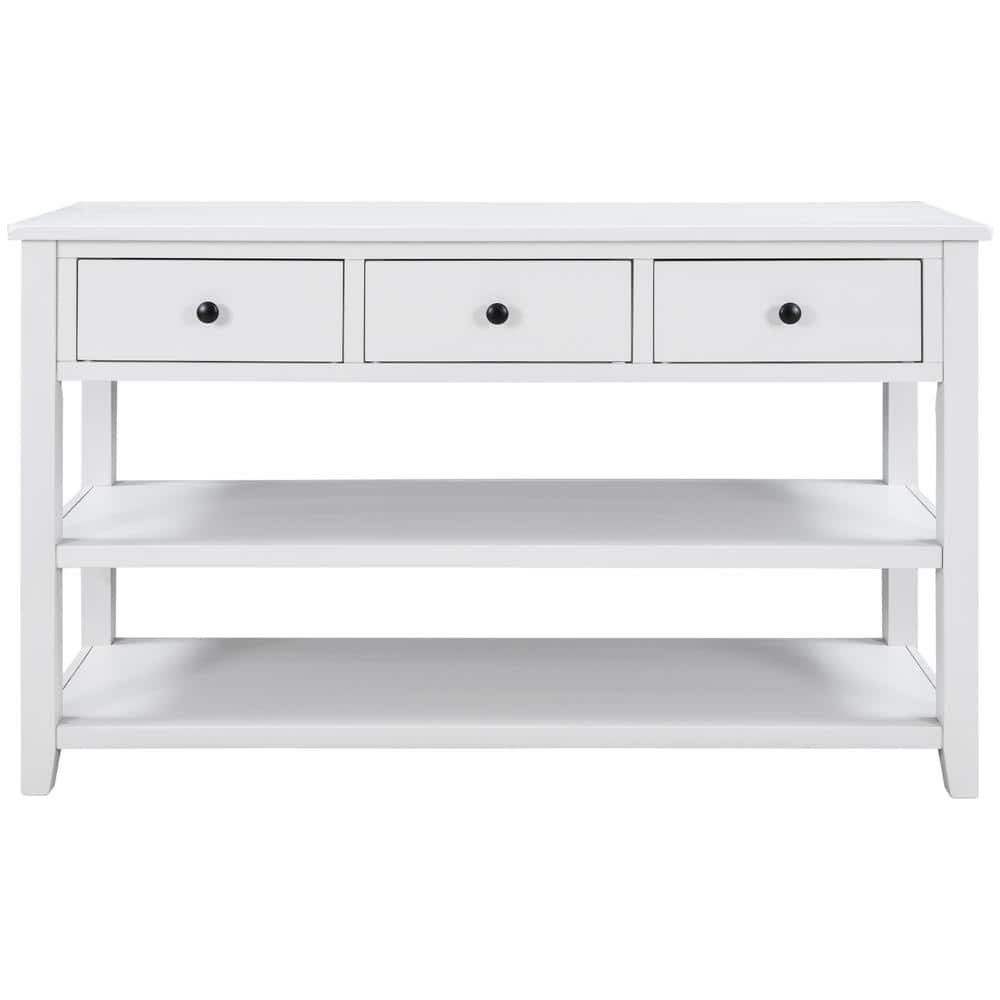 White Pine Wood Console Table with Storage Shelves and Drawers