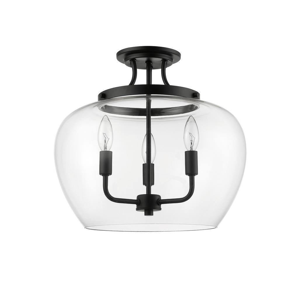 Matte Black Glass 3-Light Semi-Flush Mount Ceiling Fixture