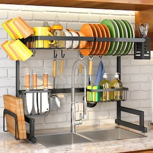 Black 2-Tier Adjustable (26.8 in. to 34.6 in.) Metal Dish Rack Drainer Drying with Multiple Baskets and Holders