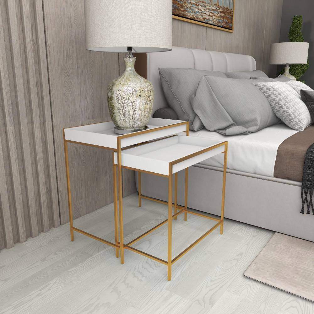 White and Gold Polished Nesting Console Tables, Set of 2
