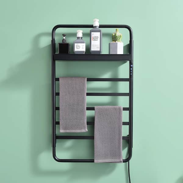 Black Wall-Mount Electric Towel Warmer Heated Towel Rack with Top Shelf  Stainless Steel