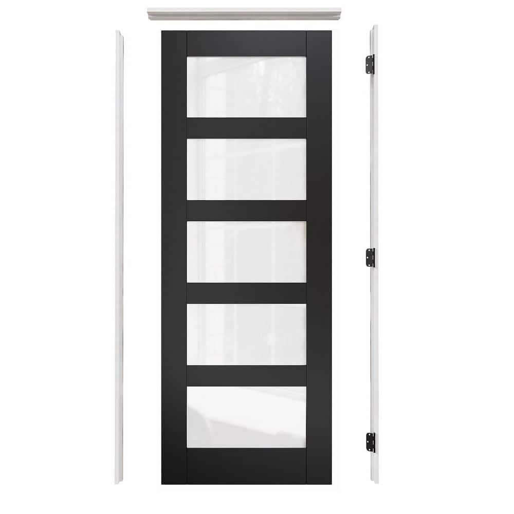 32 in. x 80 in. 5-Lite Frosted Glass Left-Hand Black Solid Core Wood Single Prehung Interior Door+ Quick Assemble Jamb price history on PriceWatchPro