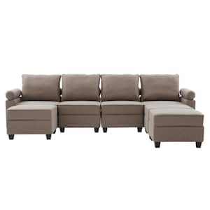 114 in. W Straight Arm Linen Mid-Century Modern L-Shaped Straight Reclining Sofa in Light Gray 7-Seat