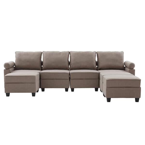 Boyel Living 114 in. W Straight Arm Linen Mid-Century Modern L-Shaped ...