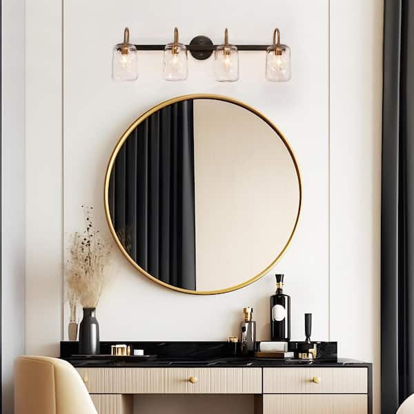 Modern 32 in. Gunmetal Gray and Brass Vanity Light 4-Light Contemporary Bathroom Wall Light w/ Jar Textured Glass Shades