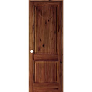 36 in. x 96 in. Knotty Alder 2 Panel Right-Hand Sq. Top V-Groove Red Chestnut Stain Wood Single Prehung Interior Door