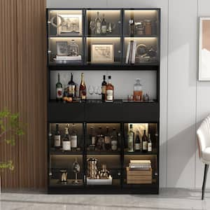 Black Wood 47.2 in. W Buffet Food Pantry W/Hutch, Glass Doors, Multiple Shelves, LED Lights (14.2 in. D x 78.7 in. H)