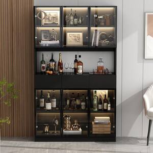 Black Wood 47.2 in. W Buffet Food Pantry W/Hutch, Glass Doors, Adjustable Shelves, LED Lights (14.2 in. D x 78.7 in. H)