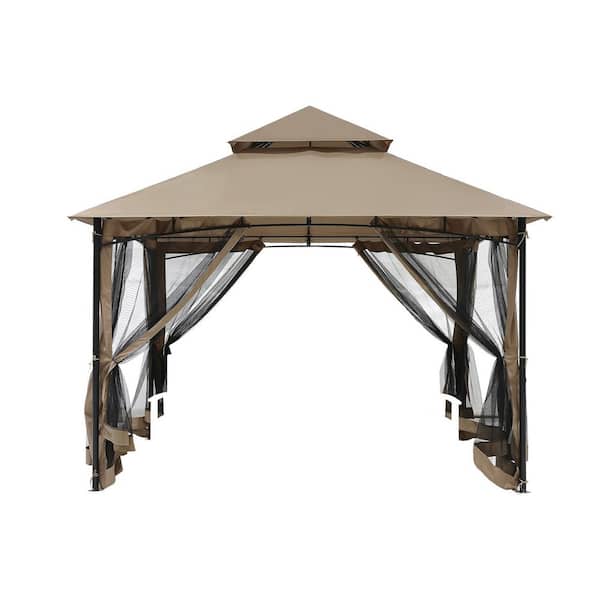 12 ft. x 12 ft. Khaki Patio Metal Gazebo with Square Double Roof Soft Top and Mosquito Netting