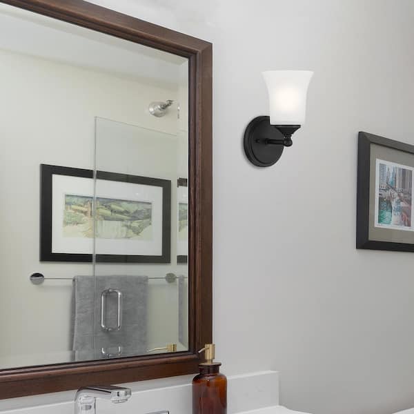 Bronson 5.25 in. 1-Light Matte Black Transitional Wall Sconce with Etched Glass Shade
