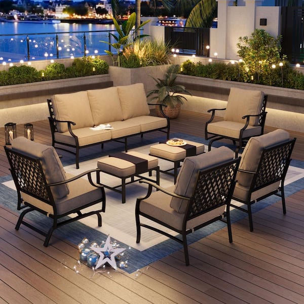 PHI VILLA Black Meshed 9 Seat 7-Piece Metal Outdoor Patio Conversation Set with Beige Cushions, 2-Motion Chairs and 2-Ottomans