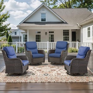 Crescent Brown Wicker PE Rattan Outdoor Swivel Rocker Patio Chairs with Olefin Navy Blue Cushions (4-Pack)