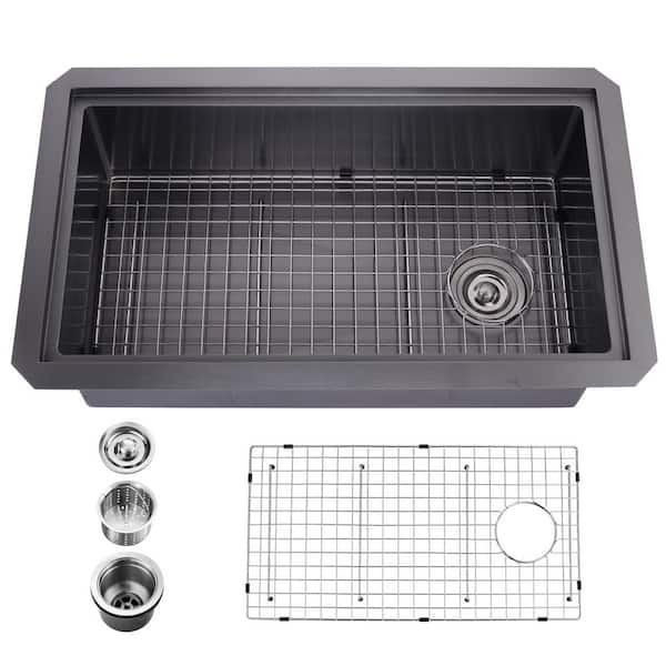 32 x 19 in. Undermount Single Bowl Black Stainless Steel Kitchen Sink with Cutting Board, Drying Rack and Accessories
