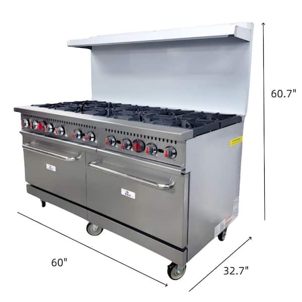 60 in. 10-Burner Freestanding Commercial Double Oven Gas Range in Stainless Steel