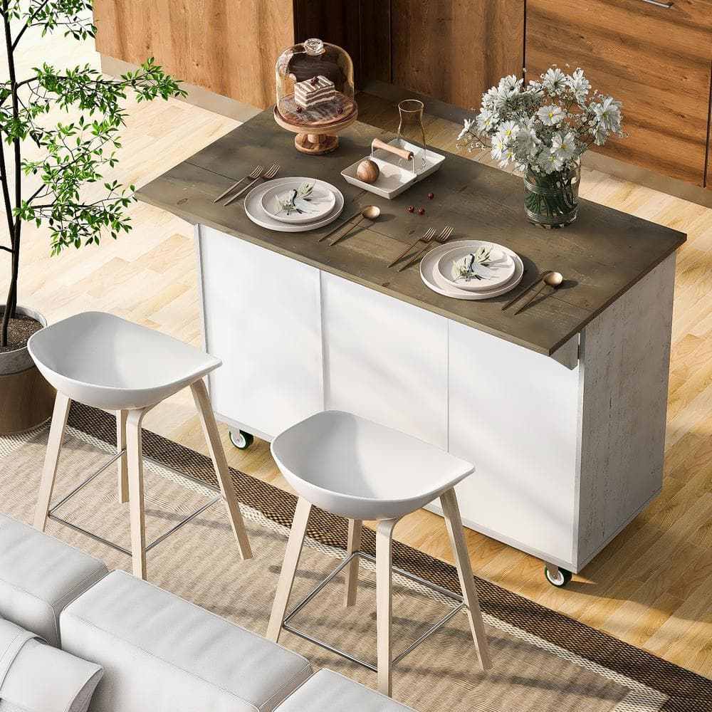 47 in. White Rubber Wood Top Kitchen Island Cart with Drop Leaf, Internal S