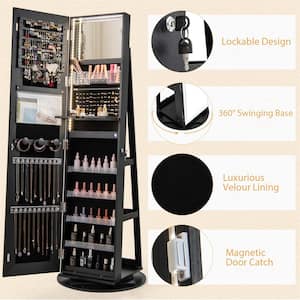 360° Swivel LED Mirror Black Wood Jewelry Box Cabinet Organize