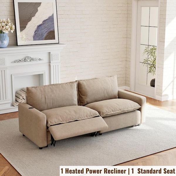 Loveseat Power Recliner Sofa 83 in. Square Arm Khaki Linen Rectangular Modular Sectional Sofa Heat,USB and Type-C Ports