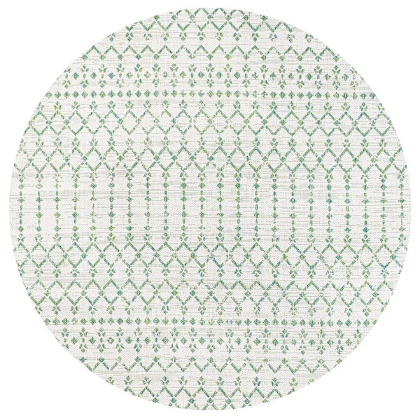 Green/Ivory 5 ft. Round Ourika Moroccan Geometric Textured Weave Indoor/Outdoor Area Rug