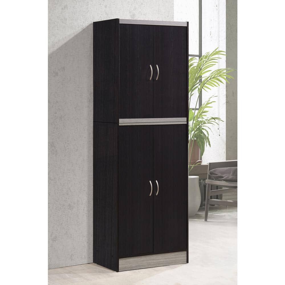 Tall Chocolate-Grey 4-Door Compressed Wood Kitchen Pantry