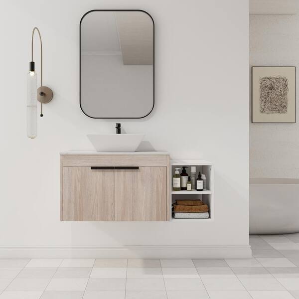 30 in. W Floating Bath Vanity in White Oak with White Ceramic Basin Top in White with Sink and Storage Shelves