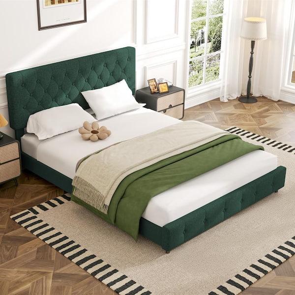JEAREY Green Queen Linen Upholstered Storage Platform Bed Frame with Headboard