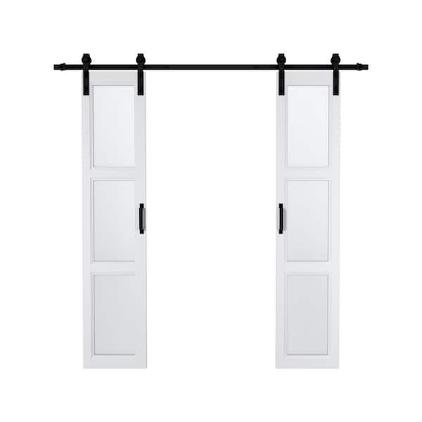 36 in. x 84 in. 3-Lites Frosted Glass and MDF Finished Double Sliding Barn Door with Soft Close and Hardware Kit