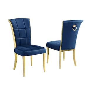 Alondra Navy Blue Velvet Fabric Side Chairs Set of 2 With Gold Chrome Legs And Back Ring Handle