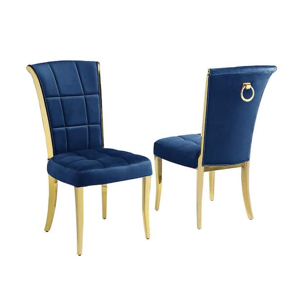 Best Quality Furniture Alondra Navy Blue Velvet Fabric Side Chairs Set of 2 With Gold Chrome Legs And Back Ring Handle
