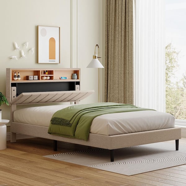 Polibi Wood Frame Full Platform Bed with Storage Headboard and USB Port Linen Fabric Upholstered Bed Beige