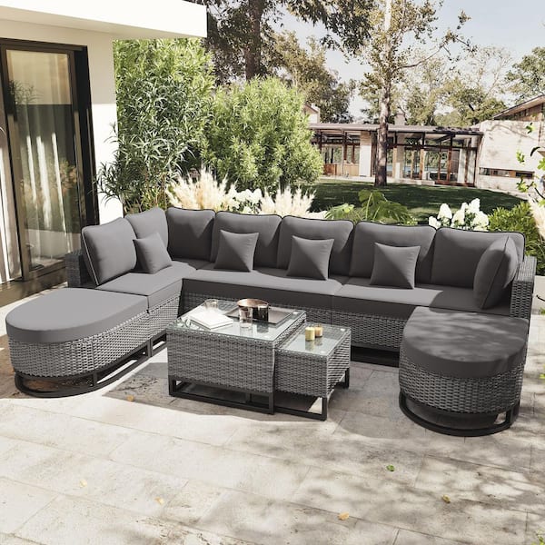 7-Piece Wicker and Metal Outdoor Conversation Set with 4 Pillows and Gray Cushions, a Coffee Table, Productive Cover