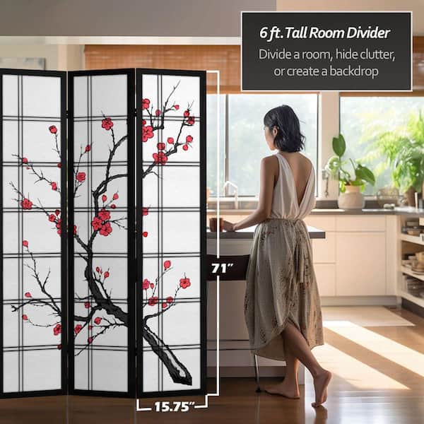 RED LANTERN 6 ft. Black Canvas Cherry Blossom 3-Panel Room Divider